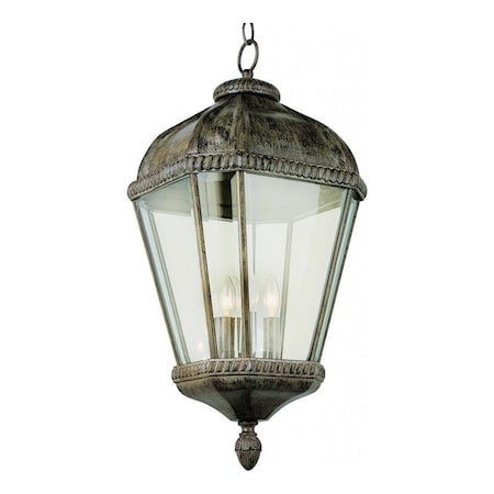 Three Light Burnished Rust Clear Seeded Glass Hanging Lantern